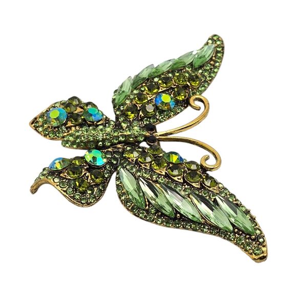 Sparkly Green & Blue Rhinestone Butterfly Insect Brooch Pin with 3.5" Wingspan - Picture 7 of 10